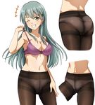  1girl ;d aqua_hair armpits ass back bangs bare_arms bare_shoulders black_legwear blush bra breasts cleavage collarbone contrapposto cowboy_shot cropped_legs cropped_torso crotch_seam eyebrows_visible_through_hair grin hair_ornament hairclip hand_on_own_thigh kantai_collection legs_apart long_hair looking_at_viewer lower_body medium_breasts multiple_views navel one_eye_closed open_mouth panties panties_under_pantyhose pantyhose pulled_by_self purple_bra smile standing stomach strap_pull suzuya_(kantai_collection) tareme thighband_pantyhose thighs underwear yellow_eyes zanntetu 