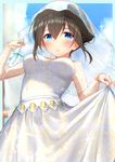  absurdres arrow bare_shoulders black_hair blue_eyes blue_sky bridal_veil cloud cloudy_sky commentary_request day dress from_below go-1 highres holding idolmaster idolmaster_cinderella_girls long_hair looking_at_viewer off-shoulder_dress off_shoulder sagisawa_fumika skirt_hold sky solo veil wedding_dress white_dress 
