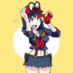  black_hair cappy_(mario) commentary crossover hat highres kill_la_kill mario_(series) matoi_ryuuko multicolored_hair red_hair school_uniform senketsu serafuku short_hair simple_background super_mario_bros. super_mario_odyssey suspenders trait_connection triple-q two-tone_hair yellow_background 