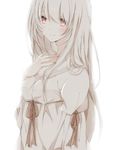  albino backlighting bangs blouse blush closed_mouth commentary hand_on_own_chest hiro_(hirohiro31) light_smile long_hair long_sleeves looking_at_viewer original pink_eyes red_eyes sidelocks simple_background smile solo white_background white_blouse white_hair 