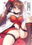  1girl absurdres ass_visible_through_thighs azur_lane black_legwear blush breasts brown_hair censored cleavage coat dress eyebrows_visible_through_hair hair_ornament hand_on_own_knee heart highres knee_up kneehighs long_hair looking_at_viewer medium_breasts no_panties noukatu open_mouth ponytail pussy pussy_juice red_dress sitting skindentation solo speech_bubble tareme thigh_strap wide_sleeves yellow_eyes zuikaku_(azur_lane) 