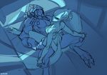  2015 alien artanis bed cool_colors cowgirl_position digital_media_(artwork) duo female male male/female monochrome not_furry nude on_top protoss restricted_palette rohana sex sketch spot_color starcraft video_games zummeng 