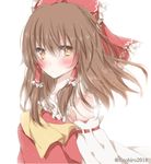  bangs blush bow brown_eyes brown_hair closed_mouth commentary_request detached_sleeves eyebrows_visible_through_hair frilled_bow frills hair_between_eyes hair_bow hair_tubes hakurei_reimu hiro_(hirohiro31) looking_at_viewer nontraditional_miko red_bow ribbon-trimmed_sleeves ribbon_trim simple_background solo touhou twitter_username upper_body white_background 