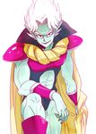  abs anz bodysuit boots bracelet cape dragon_ball dragon_ball_z fangs gasshu green_skin jewelry male_focus open_mouth pointy_ears red_eyes simple_background solo spiked_hair white_background white_hair 