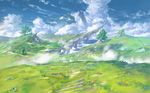  cliff cloud cloudy_sky day fantasy field flower grass highres no_humans outdoors oversized_object ruins scenery sky tree valley you_shimizu 