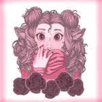 ambiguous_gender big_eyes blush clothed clothing digital_media_(artwork) flower hair looking_at_viewer mammal plant rose simple_background skarmadillo solo unknown_species 