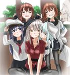  akatsuki_(kantai_collection) belt black_legwear black_skirt blue_eyes blush brown_hair closed_eyes closed_mouth commentary_request facial_scar flat_cap gangut_(kantai_collection) grey_hair hair_between_eyes hair_ornament hand_on_another's_shoulder hat headwear_switch hibiki_(kantai_collection) highres ikazuchi_(kantai_collection) inazuma_(kantai_collection) indoors kantai_collection long_hair long_sleeves medium_hair military military_hat military_jacket military_uniform miniskirt multiple_girls naval_uniform neckerchief open_mouth orange_eyes pantyhose peaked_cap ponytail purple_eyes purple_hair red_neckwear red_shirt sailor_collar scar scar_on_cheek school_uniform serafuku shirt short_hair sitting skirt smile tama_(seiga46239239) uniform verniy_(kantai_collection) 