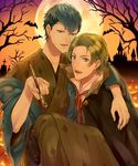  akke blonde_hair blue_hair castle fire_emblem fire_emblem_echoes:_mou_hitori_no_eiyuuou force_(fire_emblem) green_eyes halloween halloween_costume messy_hair moon multiple_boys night outdoors paison smile vampire vampire_costume yellow_eyes 