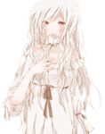  bangs bare_shoulders blush brown_eyes collarbone commentary covered_mouth dress eyebrows_visible_through_hair flower frills hand_up hiro_(hirohiro31) holding holding_flower long_hair original rose simple_background solo wavy_hair white_background white_dress white_flower white_hair white_rose 