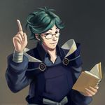  book fire_emblem fire_emblem_if glasses green_eyes green_hair holding holding_book index_finger_raised japanese_clothes male_focus simple_background solo traditional_media watercolor_(medium) yukimura_(fire_emblem_if) 