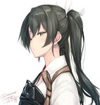  closed_mouth commentary_request dated eyebrows_visible_through_hair from_side green_eyes grey_hair hair_between_eyes hair_tie kantai_collection lips long_hair looking_at_viewer muneate one_eye_closed rokuwata_tomoe simple_background solo twintails twitter_username upper_body white_background zuikaku_(kantai_collection) 