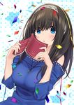  absurdres baffu black_hair blue_eyes blush book breasts commentary_request confetti hairband highres holding holding_book idolmaster idolmaster_cinderella_girls jewelry large_breasts long_hair looking_at_viewer necklace off-shoulder_shirt pendant sagisawa_fumika shirt 