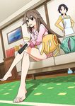  2girls apron barefoot blue_(pokemon) brown_eyes brown_hair bulbasaur cookie couch feet hands_on_hips highres legs_crossed long_hair multiple_girls pajamas pokemon pokemon_(game) pov remote_control sitting toes 