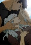 berserk black_hair blue_eyes eye_contact griffith guts highres holding_hands lips long_hair looking_at_another lying_on_lap male_focus marina_privalova multiple_boys parted_lips profile scar shadow shirt watermark web_address white_hair yaoi 