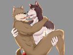  2014 abs anthro anthro_on_anthro bedroom_eyes biped black_fur black_nose blush brown_fur canine carrying clothed clothing dog dripping duo eye_contact french_kissing fur fuwayuuko grey_background half-closed_eyes holding_character kemono kissing looking_at_partner male male/male mammal multicolored_fur nude open_mouth partially_clothed romantic_couple saliva seductive simple_background tan_fur teeth tongue tongue_out topless two_tone_fur underwear white_fur wolf yellow_eyes 