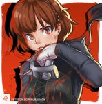  blood bloody_clothes braid breasts brown_hair bruise clenched_teeth crown_braid dirty erica_june_lahaie injury medium_breasts niijima_makoto persona persona_5 red_eyes signature solo spikes teeth upper_body watermark weapon web_address 