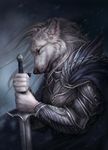  2017 5_fingers anthro armor canine digital_media_(artwork) eyes_closed fur hair holding_object holding_weapon male mammal melee_weapon solo sword weapon white_fur white_hair wolf wolnir 