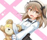  :d black_skirt blush boko_(girls_und_panzer) bow bowtie brown_hair commentary_request girls_und_panzer hair_ribbon highres juliet_sleeves kitayama_miuki long_hair long_sleeves looking_at_viewer one_side_up open_mouth puffy_sleeves ribbon shimada_arisu skirt smile solo stuffed_animal stuffed_toy suspender_skirt suspenders teddy_bear upper_body yellow_eyes 