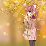  alternate_costume atychi autumn autumn_leaves bag bangs blush bow breasts brown_hair brown_sweater commentary doki_doki_literature_club earrings eyebrows_visible_through_hair flower flower_earrings green_eyes handbag highres holding holding_flower jewelry long_hair looking_at_viewer looking_back medium_breasts monika_(doki_doki_literature_club) pantyhose pink_flower pink_rose pink_skirt ponytail red_scarf ribbon rose scarf sidelocks skirt smile solo sweater very_long_hair white_bow white_ribbon 