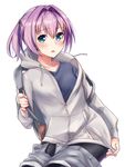  backpack bag bangs bike_shorts black_shirt blue_eyes blush cat_zipper collarbone eyebrows_visible_through_hair grey_hoodie grey_shorts hair_intakes haregama_shiina highres hood hood_down kantai_collection long_sleeves looking_at_viewer pantyhose pink_hair pocket ponytail shiranui_(kantai_collection) shirt short_hair shorts shorts_pull simple_background sitting solo undressing white_background 