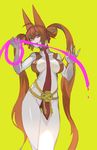  ahoge animal_ears bangs bare_arms bare_shoulders breasts breasts_apart brown_hair choker commentary cowboy_shot fingernails fox_ears grin hair_between_eyes holding kibadori_rue kumiho large_breasts long_hair necktie red_eyes revealing_clothes scp-953 scp_foundation sharp_fingernails simple_background smile solo standing thigh_gap twintails very_long_hair yellow_background 