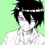  1boy black_hair grin hair_over_one_eye looking_at_viewer monochrome ray_(yakusoku_no_neverland) simple_background smile yakusoku_no_neverland 