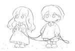  1girl aya7721 dress fate/extra fate_(series) full_body grass greyscale hair_between_eyes holding jump_rope kishinami_hakuno_(female) kishinami_hakuno_(male) long_hair long_sleeves monochrome no_nose shirt short_hair shorts sketch standing white_background younger 