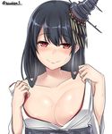  absurdres areola_slip areolae bangs black_hair breasts cleavage cleavage_cutout closed_mouth collarbone detached_sleeves eyebrows_visible_through_hair fusou_(kantai_collection) highres kantai_collection kiritto large_breasts long_hair looking_at_viewer naughty_face open_clothes red_eyes simple_background smile solo sweat twitter_username undressing upper_body white_background wide_sleeves 