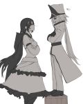  2girls black_hair cape caroline_cordovin crossed_arms dishwasher1910 dress glaring greyscale highres image_sample long_hair maria_calavera military military_uniform monochrome multiple_girls rivalry rwby short_hair standing_on_box twitter_sample uniform white_hair 