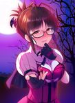  akizuki_ritsuko antenna_hair black-framed_eyewear blush breasts brown_eyes brown_hair capelet cleavage fang fingerless_gloves folded_ponytail full_moon glasses gloves hand_on_own_chin heart heart-shaped_pupils idolmaster idolmaster_(classic) large_breasts looking_at_viewer moon my_dear_vampire night nose_blush noukatu outdoors outstretched_hand puffy_sleeves round_eyewear short_hair short_sleeves solo symbol-shaped_pupils 