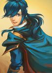  blue_hair cape celice_(fire_emblem) fire_emblem fire_emblem:_seisen_no_keifu headband highres long_hair looking_at_viewer male_focus pauldrons ponytail simple_background smile solo traditional_media watercolor_(medium) 