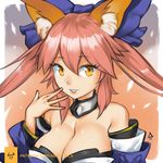  animal_ears bare_shoulders blue_ribbon breasts cleavage collar ears_through_headwear erica_june_lahaie fate/extra fate/grand_order fate_(series) fox_ears hair_ribbon japanese_clothes large_breasts parted_lips pink_hair ribbon signature smile solo tamamo_(fate)_(all) tamamo_no_mae_(fate) upper_body watermark web_address yellow_eyes 