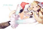  ahoge azur_lane bangs blonde_hair breasts character_name closed_mouth commentary eldridge_(azur_lane) fur_trim furisuku hair_ornament hand_up long_hair long_sleeves looking_at_viewer petite pillow sidelocks simple_background small_breasts solo spread_legs thighhighs thighs white_background white_legwear yellow_eyes 
