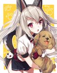  :d animal animal_ears azur_lane bangs belt black_skirt commentary_request cowboy_shot dog dog_ears dog_tail eyebrows_visible_through_hair fingerless_gloves gloves grey_hair guru_(nicocco) hair_between_eyes holding holding_animal leaning_forward long_hair looking_at_viewer miniskirt open_mouth paw_background pleated_skirt purple_eyes purple_gloves red_belt shiny shiny_hair shirt short_sleeves side_slit sidelocks skirt smile solo tail thick_eyebrows tsurime two_side_up white_shirt yuudachi_(azur_lane) 