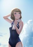  arm_up blue_eyes blue_sky blue_swimsuit brown_hair cloud competition_swimsuit cowboy_shot day drying drying_hair grey_hair highres looking_up love_live! love_live!_sunshine!! one-piece_swimsuit outdoors papi_(papiron100) parted_lips short_hair signature sky solo standing swimsuit towel towel_around_neck watanabe_you water wet wet_hair 