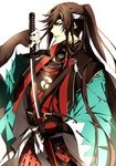  armor black_hair fingerless_gloves gloves green_eyes headband highres holding holding_sword holding_weapon izumi-no-kami_kanesada katana kiwame_(touken_ranbu) long_hair looking_at_viewer male_focus sheath sheathed shinsengumi smile solo sword touken_ranbu weapon 