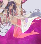  arm_support bangs black_hair boots breasts commentary fate/extra fate/extra_ccc fate_(series) grey_background hand_in_hair head_tilt high_heel_boots high_heels horns kibadori_rue large_breasts looking_at_viewer mouth_hold navel pink_footwear purple_sky sesshouin_kiara sitting smile solo space star_(sky) thigh_boots thighhighs yellow_eyes 