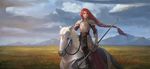  armor braid fire_emblem fire_emblem:_souen_no_kiseki green_eyes highres horse long_hair paladin pauldrons polearm red_hair tiamat_(fire_emblem) weapon yagaminoue 