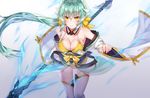  arms_at_sides bangs belly_peek blush bow bra breasts cleavage commentary_request cowboy_shot detached_collar fate_(series) gradient gradient_background green_hair hair_bow hair_ornament highres holding holding_weapon horns japanese_clothes kimono kiyohime_(fate/grand_order) kiyohime_(swimsuit_lancer)_(fate) lance large_breasts legs_together long_hair looking_at_viewer lowleg lowleg_panties obi obijime off_shoulder panties pantyshot polearm ponytail sash shiny shiny_skin short_kimono sidelocks sll smile solo standing thigh_gap thighhighs underwear weapon white_kimono white_legwear wide_sleeves yellow_bra yellow_eyes yellow_panties 