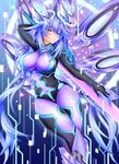  absurdres bangs blue_eyes bodysuit breasts hair_between_eyes headgear highres kyou large_breasts long_hair looking_at_viewer neptune_(series) next_purple purple_hair purple_heart skin_tight solo sword symbol-shaped_pupils very_long_hair weapon 