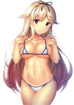  bikini breasts cleavage closed_mouth cowboy_shot eyebrows_visible_through_hair hair_flaps hair_ornament hair_ribbon hairclip highres kantai_collection light_brown_hair long_hair medium_breasts micro_bikini_top navel red_eyes remodel_(kantai_collection) ribbon shiny shiny_skin side-tie_bikini simple_background smile solo strap_lift swimsuit tsukimizu_(ordeal) white_background white_bikini yuudachi_(kantai_collection) 