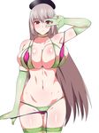  alternate_hairstyle bikini bikini_pull blush braid breasts cleavage closed_mouth collarbone commentary_request empty_eyes expressionless eyebrows_visible_through_hair fate/grand_order fate_(series) florence_nightingale_(fate/grand_order) gloves green_bikini green_gloves green_legwear grey_hair hair_down hat highres kagemusha large_breasts layered_bikini legs_together long_hair looking_at_viewer nurse_cap pink_bikini see-through shiny shiny_hair shiny_skin simple_background skindentation solo standing strap_gap swimsuit thigh_gap thighhighs thighs trick_or_treatment v v_over_eye white_background 