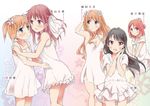  5girls black_hair blonde_hair breasts cleavage couple glasses hair_ornament hairclip long_hair manga official_art otokawa_sumi pigtails pink_eyes pink_hair red_eyes red_hair ribbon sakai_rina sakura_trick short_hair silver_eyes simple_background sonoda_mitsuki sonoda_yuu tachi_(gutotama) takayama_haruka thighs yellow_eyes yuri 