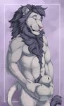  2017 5_fingers animal_genitalia anthro athletic balls big_balls body_hair chest_hair eyebrows feline flaccid fur grey_fur grey_hair hair holding_balls lion looking_at_viewer male mammal mane muscular nude orion_mckracken penis pink_nose pubes sheath simple_background smile solo standing teasing teeth truegrave9 whiskers white_eyes 