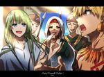  4boys black_hair blonde_hair blush closed_eyes commentary_request earrings enkidu_(fate/strange_fake) fate/grand_order fate/strange_fake fate_(series) gilgamesh green_hair hand_to_own_mouth hat holding holding_spear holding_weapon jewelry long_hair multiple_boys open_mouth polearm red_eyes siduri_(fate/grand_order) spear sunlight sweat tattoo veil weapon zeromomo 