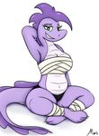  anthro bandage breasts chest_wraps cleavage clothed clothing female green_eyes grin half-closed_eyes hand_behind_head leg_wraps midriff monohors3 navel panties purple_scales reptile scales scalie simple_background smile solo underwear white_background wraps 