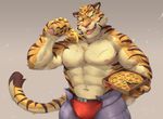  2017 abs anthro biceps big_muscles bulge clothed clothing feline food front_view kemono male mammal muscular muscular_male nipples pecs pizza simple_background solo taki_kaze tiger topless 