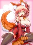 animal_ears bell bell_collar blush_stickers breasts cleavage collar commentary_request fate/grand_order fate_(series) fox_ears fox_tail graphite_(medium) hair_ribbon highres kiyukisuke large_breasts long_hair looking_at_viewer nib_pen_(medium) open_mouth paws pink_hair ribbon sitting solo tail tamamo_(fate)_(all) tamamo_cat_(fate) tamamo_no_mae_(fate) traditional_media yellow_eyes 