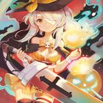  ayanami_(azur_lane) azur_lane bandaged_arm bandages bare_shoulders breasts commentary cowboy_shot dress hair_over_one_eye halloween halloween_costume hat holding holding_sword holding_weapon jack-o'-lantern long_hair looking_at_viewer medium_breasts orange_dress orange_eyes parted_lips pumpkin sibyl solo sword thighhighs weapon white_hair witch_hat wrist_cuffs 