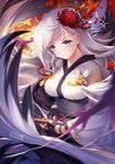  artist_name autumn_leaves azur_lane black_gloves blue_eyes blurry blush breasts closed_mouth commentary_request depth_of_field fingerless_gloves floating_hair flower gloves hair_flower hair_ornament highres holding japanese_clothes kanzashi kimono looking_at_viewer md5_mismatch medium_breasts mole mole_under_eye obi sash shoukaku_(azur_lane) signature silver_hair solo spider_lily tsumami_kanzashi twitter_username white_kimono wide_sleeves youqiniang 